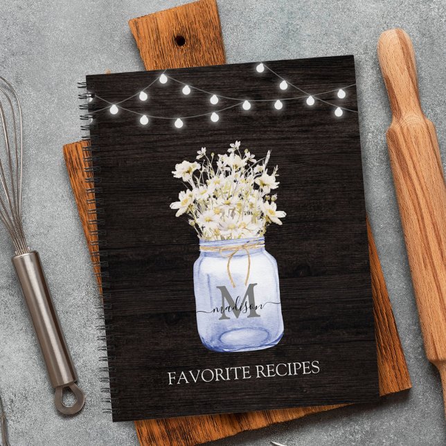 Monogrammed White Daisy Flower Black Wooden Recipe Notebook (In situ)