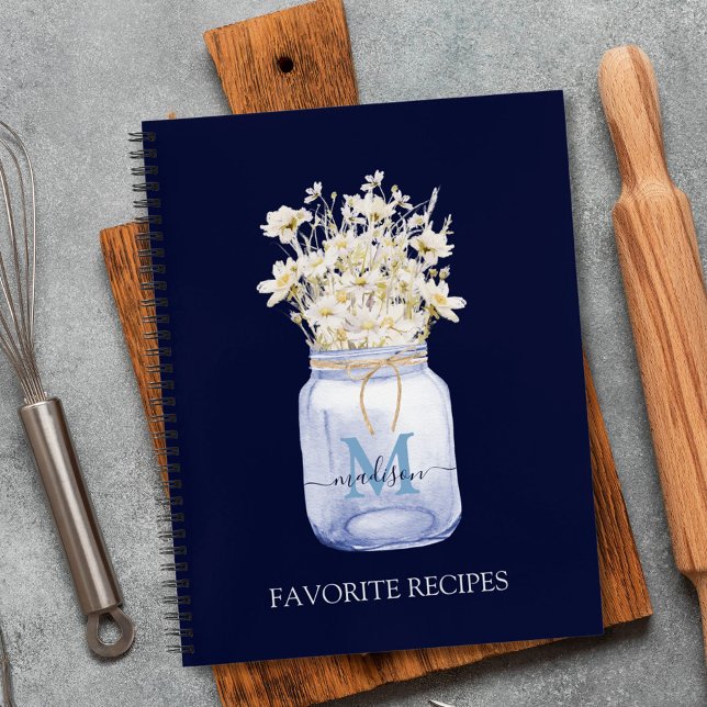 Monogrammed White Daisy Flower in Mason Jar Recipe Notebook (In situ)