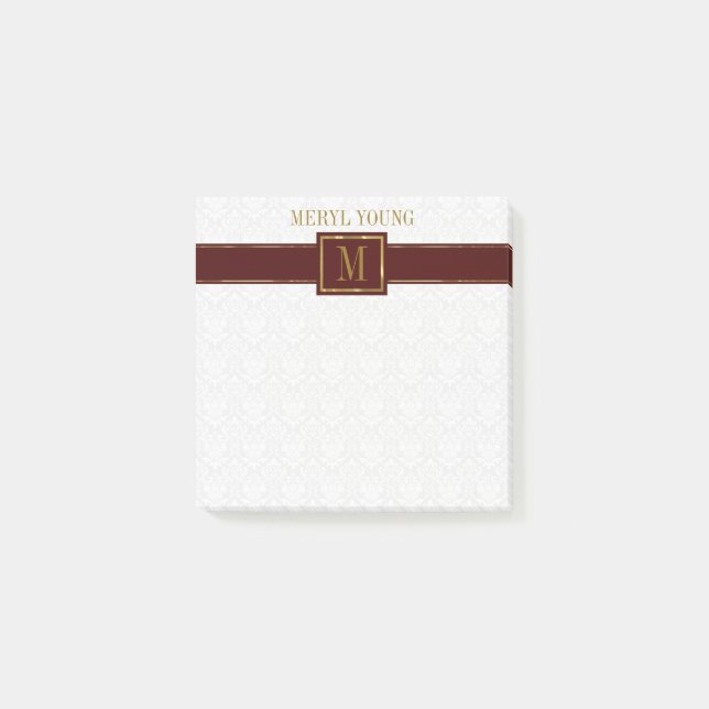 Monogrammed White Damask Brown Stripe Post-it Notes (Front)