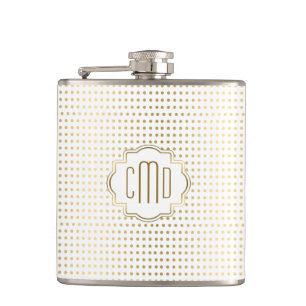Monogrammed White & Gold Polka Dots Pattern Hip Flask