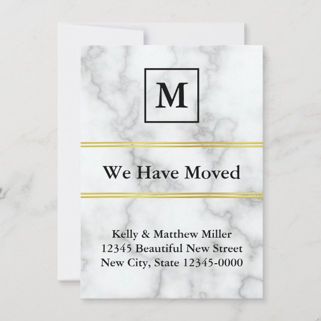 Monogrammed White Marble Look Moving Announcement (Front)
