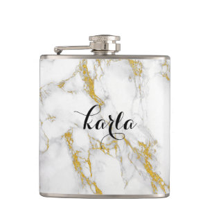 Monogrammed White Marble Stone Gold Accent Hip Flask