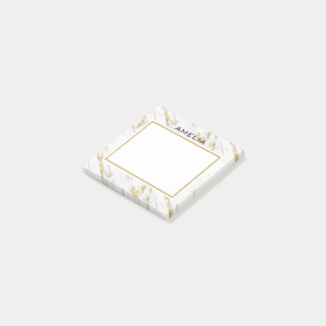 Monogrammed White Marble Stone Gold Glitter Post-it Notes (Angled)