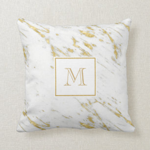 Monogrammed White Marble Stone With Gold Glitter Throw Pillow