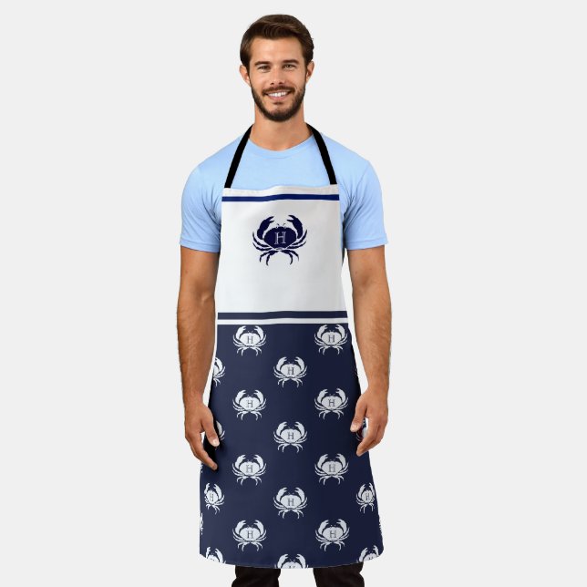 Monogrammed White Navy Blue Crab Nautical Apron (Worn)
