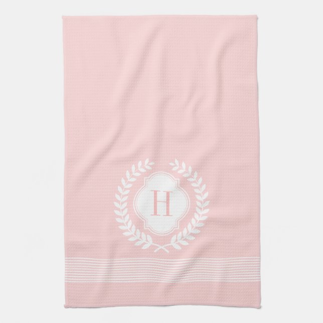 Monogrammed White & Pink Wreath And Stripes Kitchen Towel (Vertical)