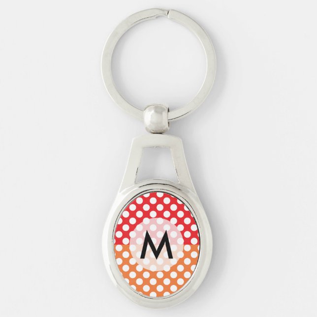 Monogrammed White, Red and Orange Polka Dot Keychain (Front)