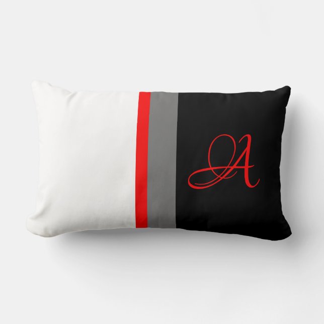 Monogrammed White Red Grey, Black Striped Lumbar Pillow (Front)