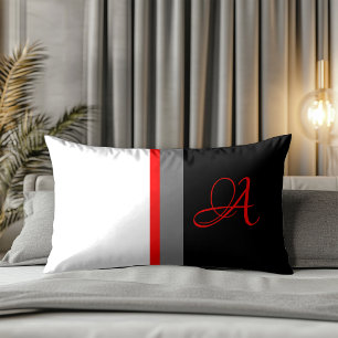 Monogrammed White Red Grey, Black Striped Lumbar Pillow