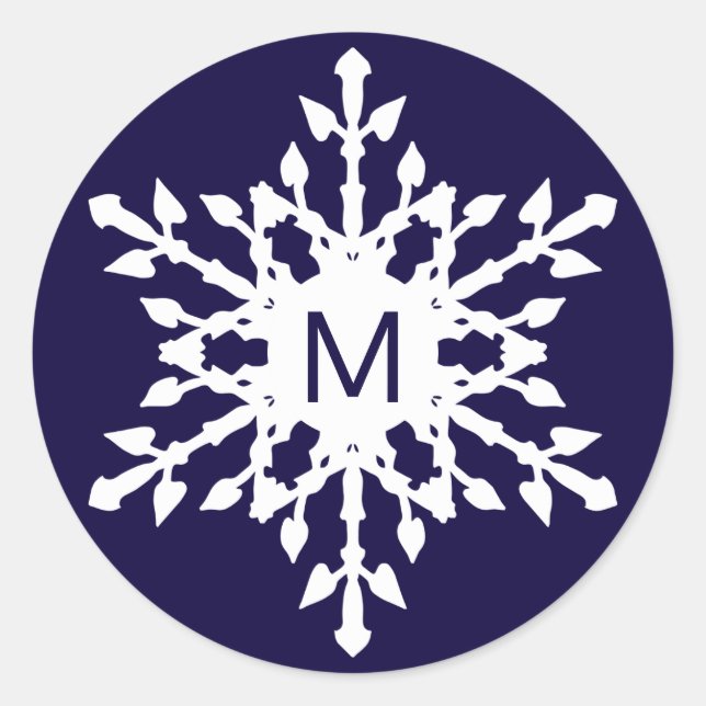 Monogrammed White Snowflake on Navy Blue Classic Round Sticker (Front)