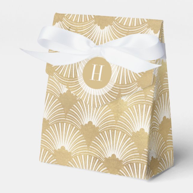 Monogrammed White & White Art-Deco Pattern Favor Box (Front Side)