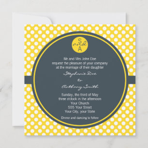 Monogrammed White, Yellow and Charcoal Polka Dot Invitation