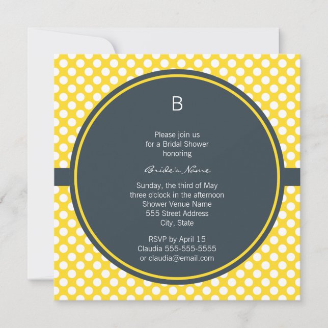 Monogrammed White, Yellow and Charcoal Polka Dot Invitation (Front)