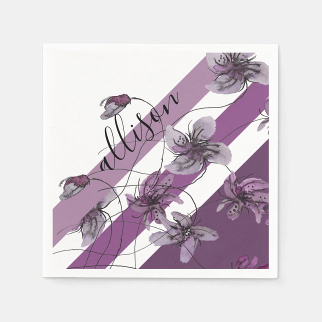 Monogrammed Wild Violets Watercolor Hand-painted Napkin (Front)