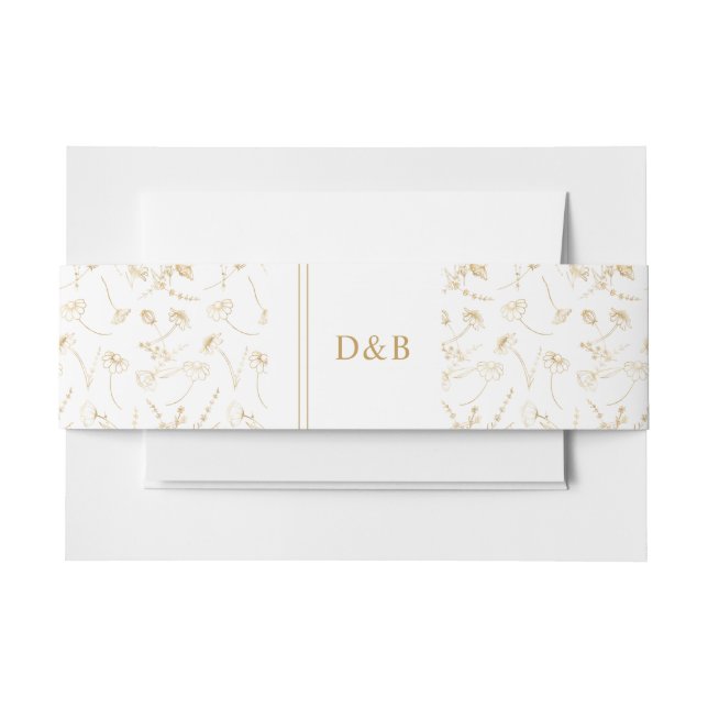 Monogrammed Wildflower Sketch White Gold Wedding Invitation Belly Band (Front Example)
