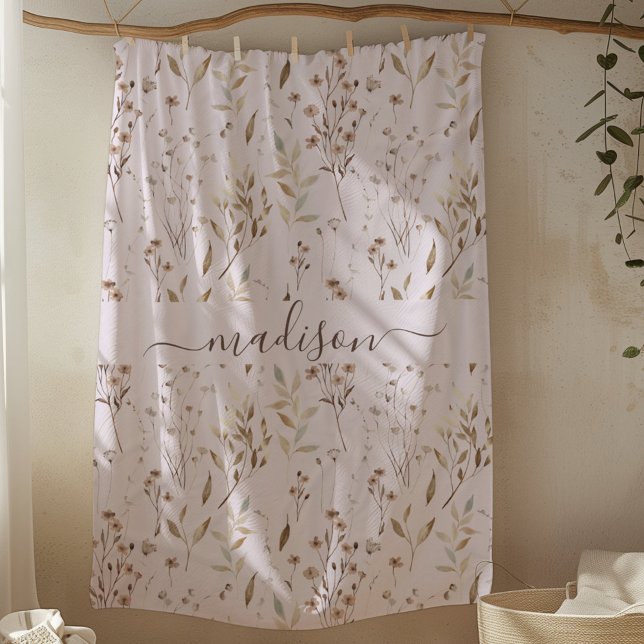 Monogrammed Winter Brown Dried Flower and Leaves  Fleece Blanket (In situ)