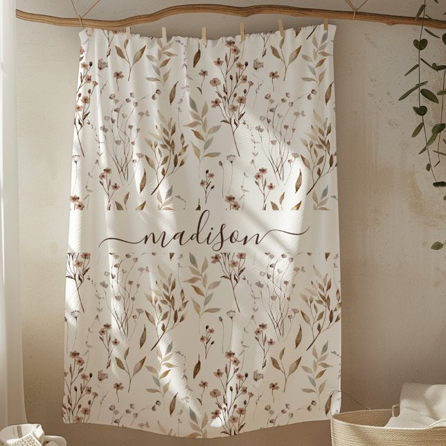 Monogrammed Winter Brown Dried Flower and Leaves  Fleece Blanket (In situ)