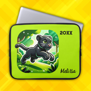 Monogrammed with Black and Green Panther Cub   Laptop Sleeve