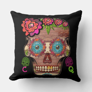 Monogrammed Woodie Sugar Skull Throw Pillow