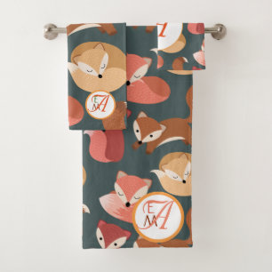 Monogrammed Woodland Fox Fall Colours Autumn Bath Towel Set