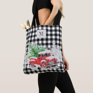 Monogrammed Xmas red truck buffalo check black Tote Bag