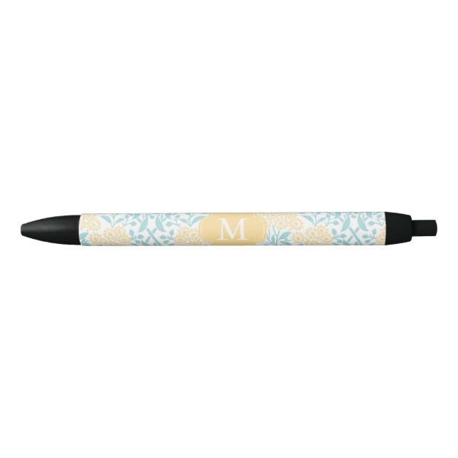 Monogrammed Yellow and Aqua Floral Damask Black Ink Pen (Front)