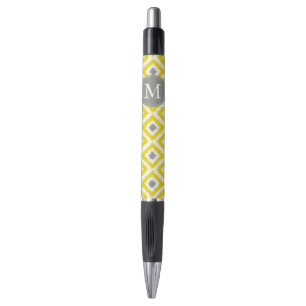 Monogrammed Yellow and Grey Diamonds Ikat Pattern Pen
