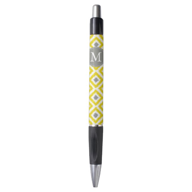 Monogrammed Yellow and Grey Diamonds Ikat Pattern Pen (Front Vertical)