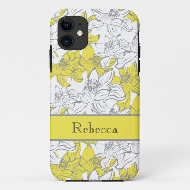 Monogrammed Yellow and Grey Floral  Case-Mate iPhone Case (Back)