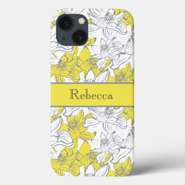 Monogrammed Yellow and Grey Floral   Case-Mate iPhone Case (Back)