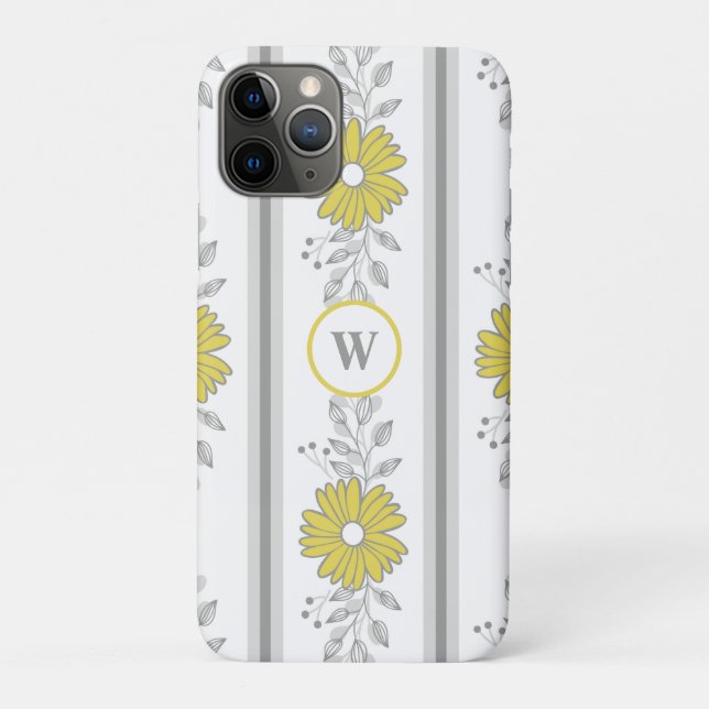 Monogrammed Yellow and Grey Floral  Case-Mate iPhone Case (Back)