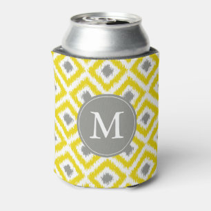 Monogrammed Yellow and Grey Ikat Diamonds Pattern Can Cooler