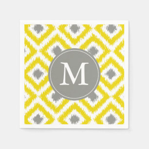 Monogrammed Yellow and Grey Ikat Diamonds Pattern Napkin