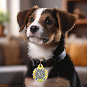 Monogrammed Yellow and Grey Ikat Diamonds Pattern Pet Tag