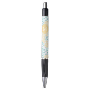Monogrammed Yellow and Mint Floral Damask Pen