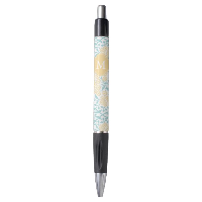 Monogrammed Yellow and Mint Floral Damask Pen (Front Vertical)