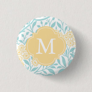 Monogrammed Yellow Aqua Floral Damask Pattern 1 Inch Round Button
