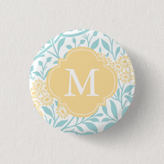 Monogrammed Yellow Aqua Floral Damask Pattern 1 Inch Round Button (Front)