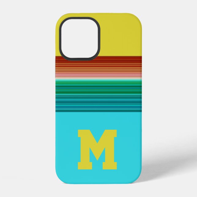 Monogrammed Yellow Blue Multicolor Striped Pattern iPhone Case (Back)