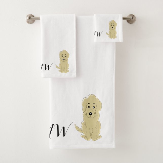 Monogrammed Yellow Goldendoddle Dog Design Bath Towel Set (Insitu)