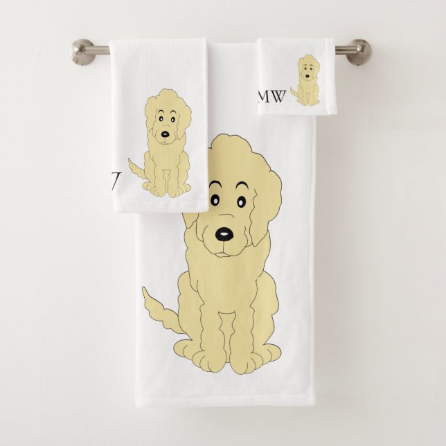 Monogrammed Yellow Goldendoodle Dog Design Bath Towel Set (Insitu)