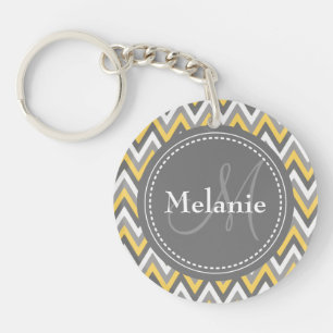 Monogrammed Yellow & Grey Chevron Pattern Keychain