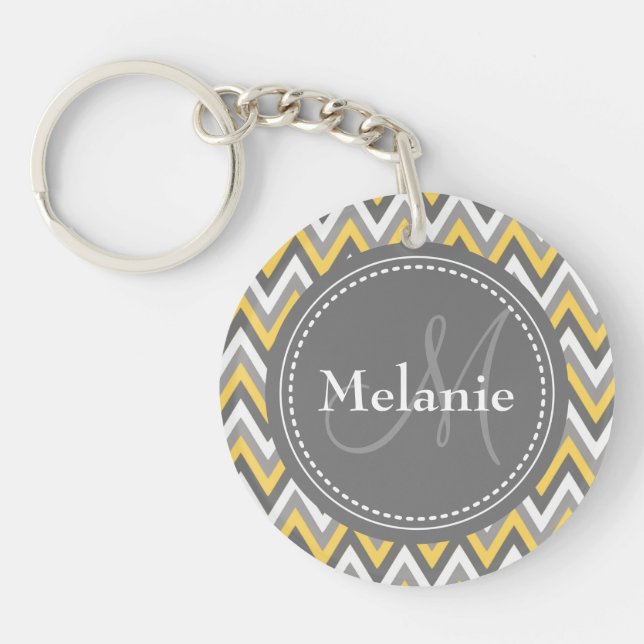 Monogrammed Yellow & Grey Chevron Pattern Keychain (Front)