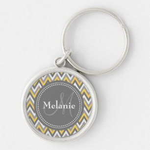 Monogrammed Yellow & Grey Chevron Pattern Keychain