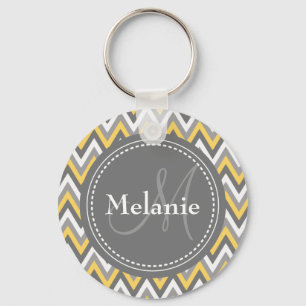 Monogrammed Yellow & Grey Chevron Pattern Keychain