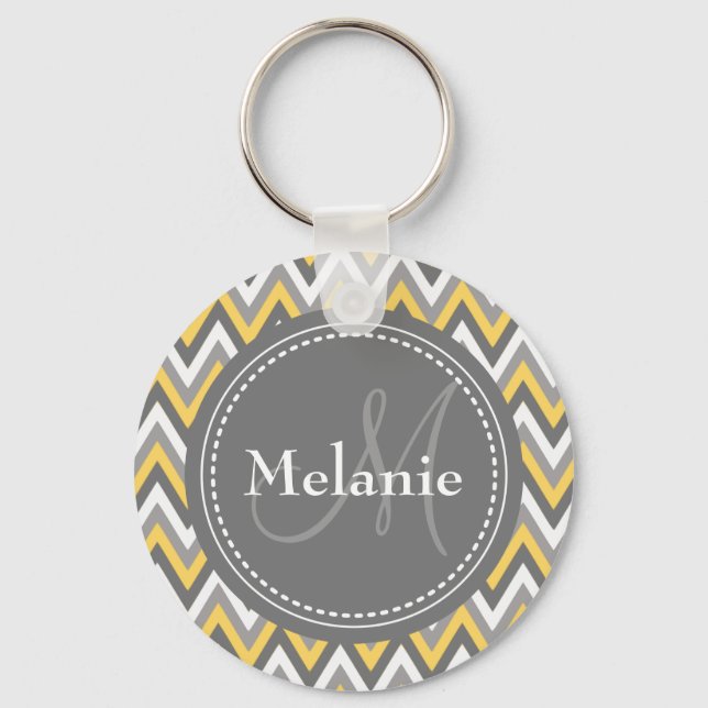 Monogrammed Yellow & Grey Chevron Pattern Keychain (Front)