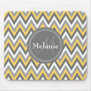 Monogrammed Yellow & Grey Chevron Pattern Mouse Pad