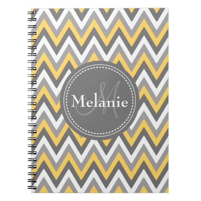 Monogrammed Yellow & Grey Chevron Pattern Notebook (Front)