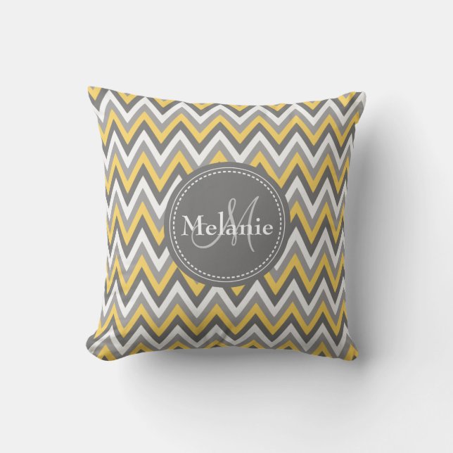 Monogrammed Yellow & Grey Chevron Pattern Throw Pillow (Front)