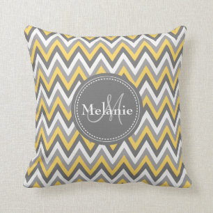 Monogrammed Yellow & Grey Chevron Pattern Throw Pillow